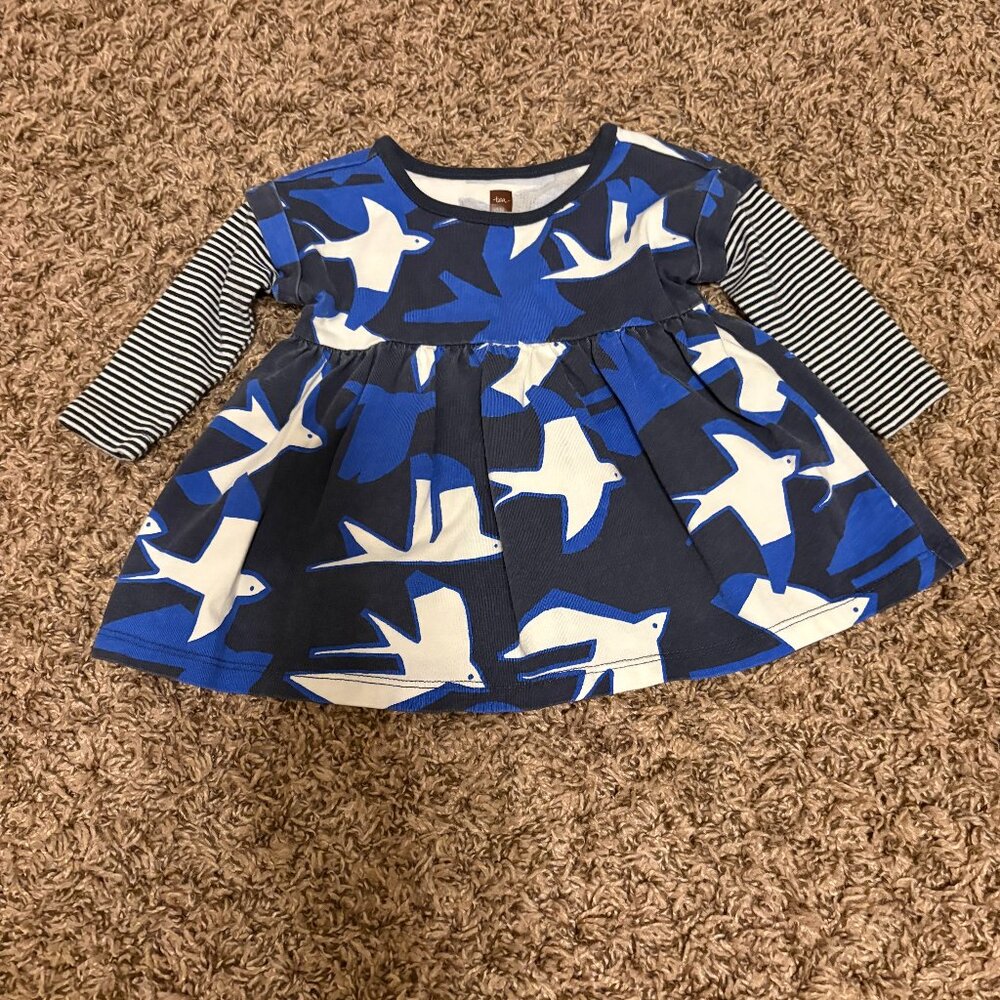 Tea Collection Bird Print Dress 3-6 Months Dark Blue White Striped Long Sleeves